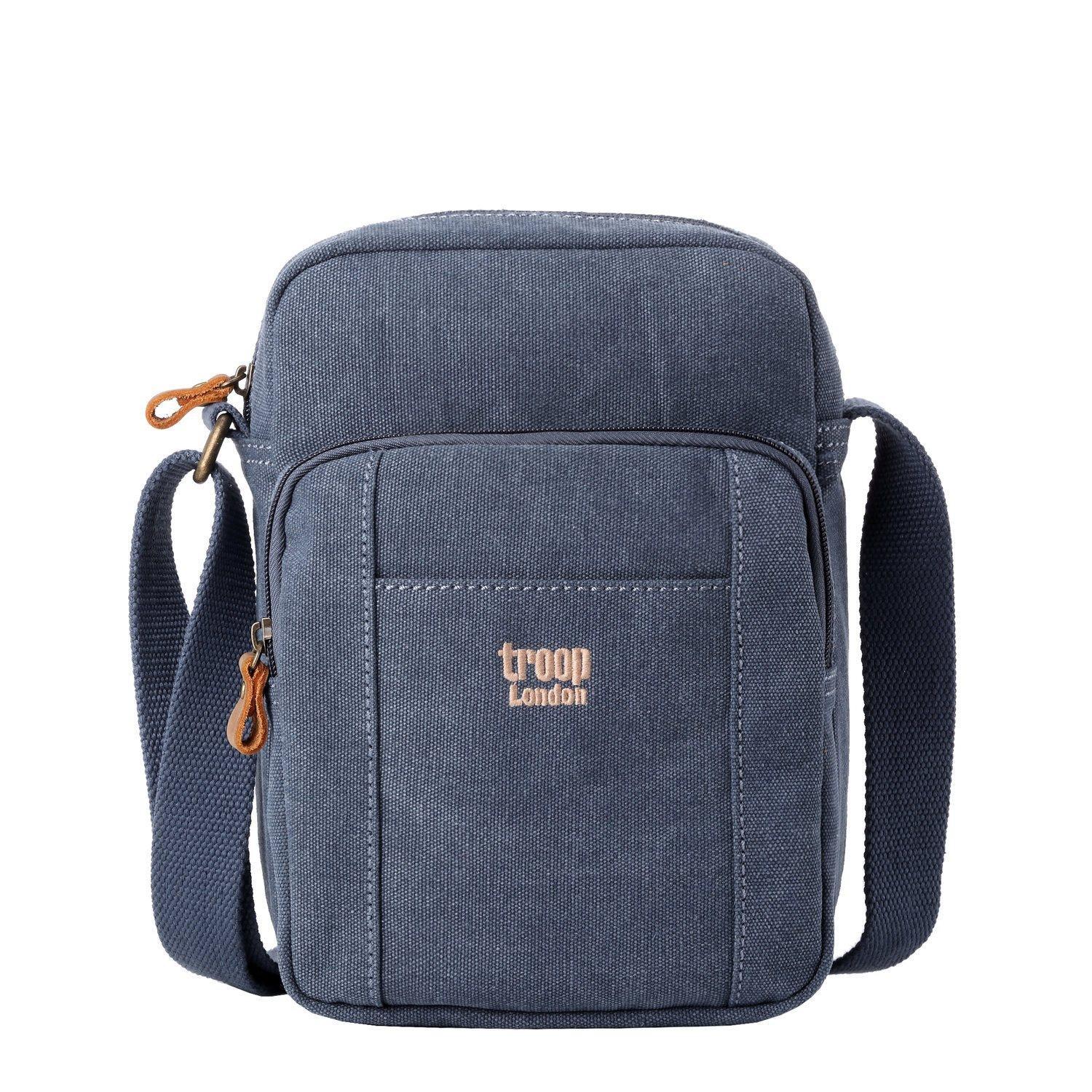 Vertical stonewashed canvas crossbody bag with genuine leather trim and an adjustable shoulder strap — view 3