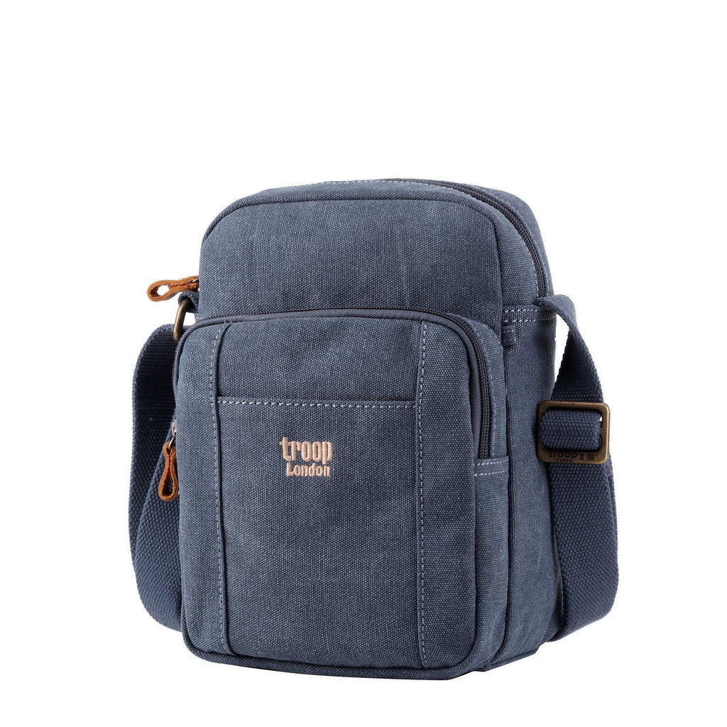 Vertical stonewashed canvas crossbody bag with genuine leather trim and an adjustable shoulder strap — view 2