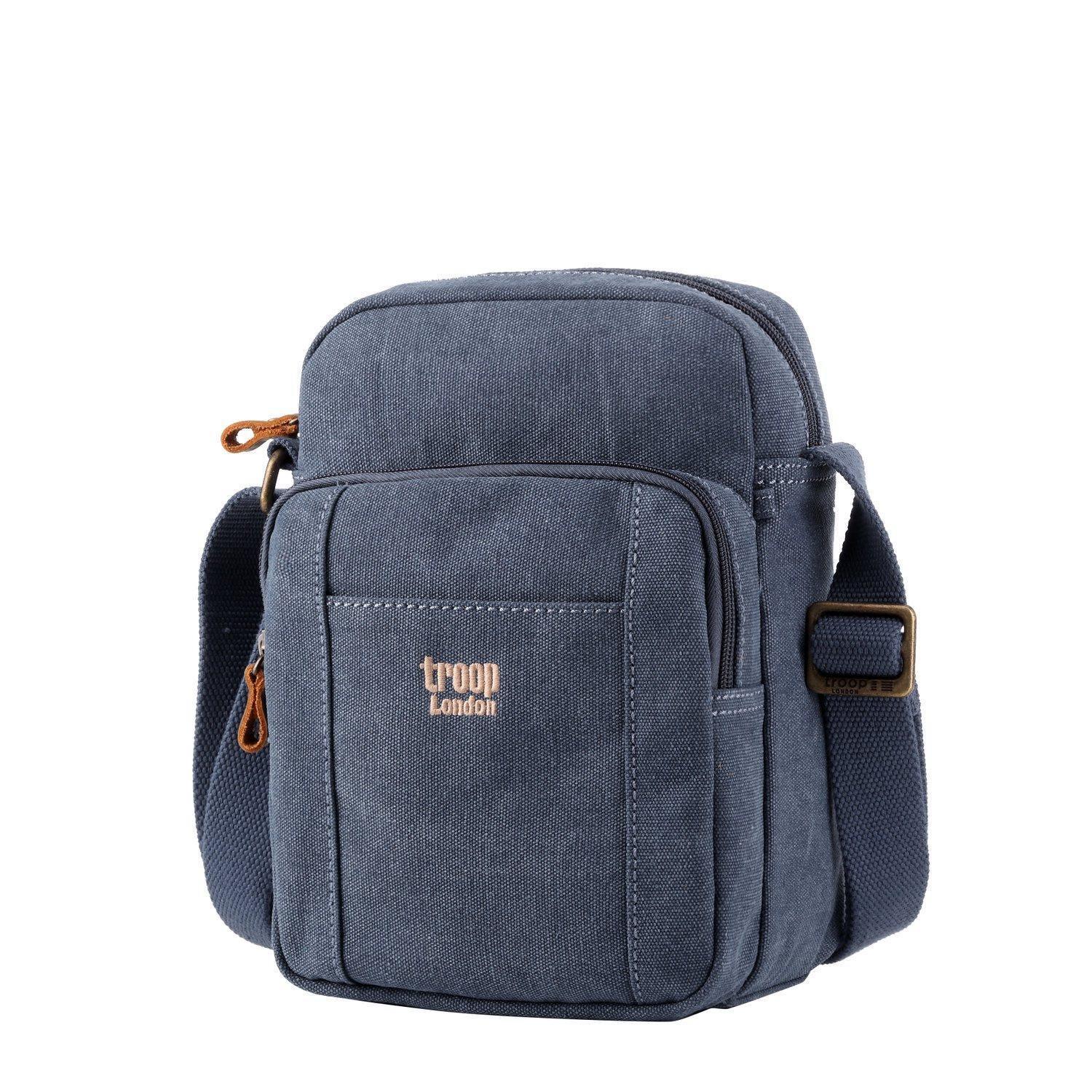 Vertical stonewashed canvas crossbody bag with genuine leather trim and an adjustable shoulder strap — view 2