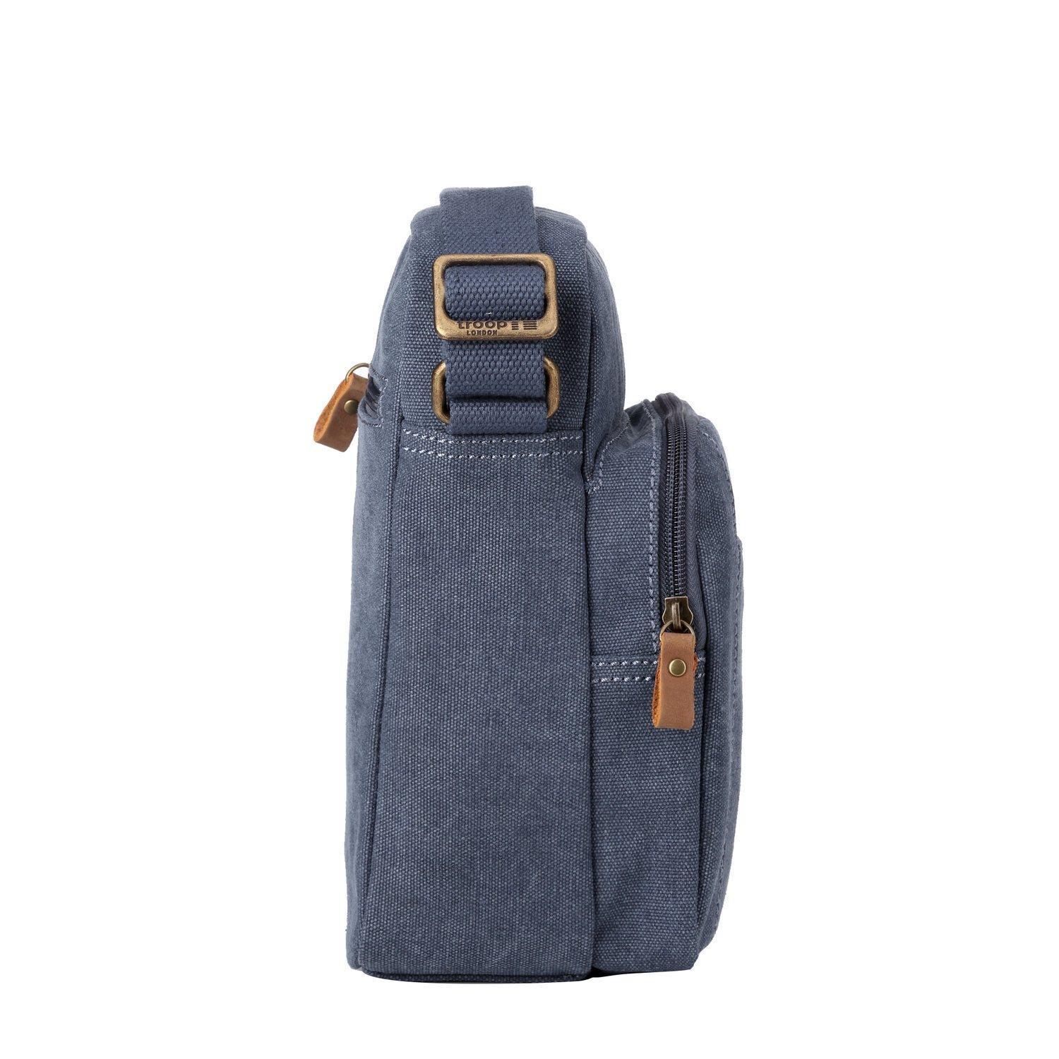 Vertical stonewashed canvas crossbody bag with genuine leather trim and an adjustable shoulder strap — view 4