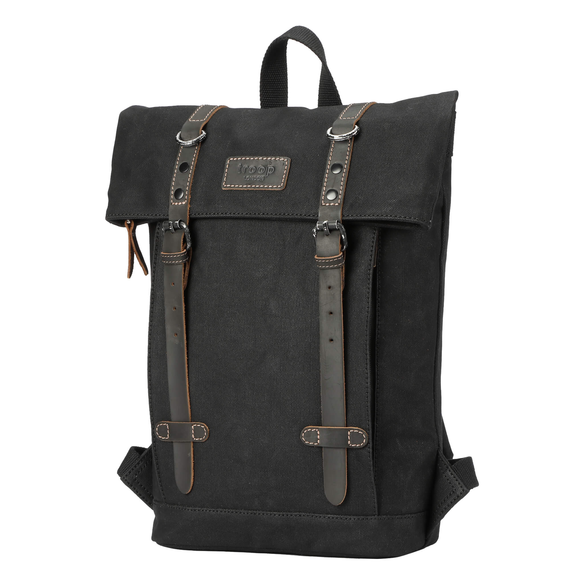 Small waxed canvas backpack in vintage style featuring fold-top closure and genuine leather trim detailing