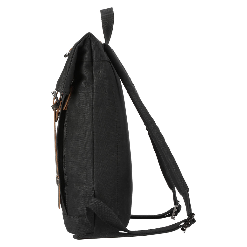 Small waxed canvas backpack in vintage style featuring fold-top closure and genuine leather trim detailing — view 3