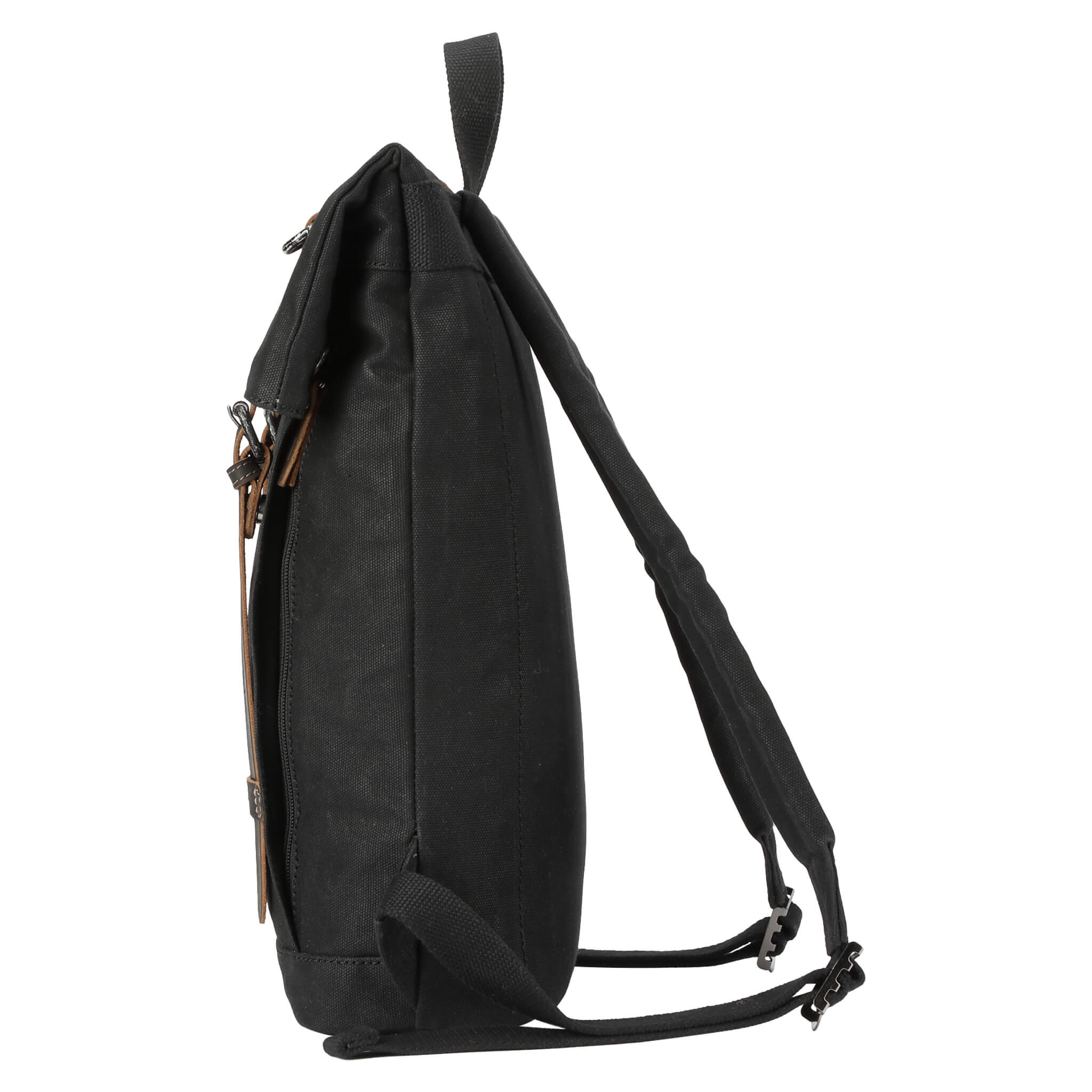 Small waxed canvas backpack in vintage style featuring fold-top closure and genuine leather trim detailing — view 3