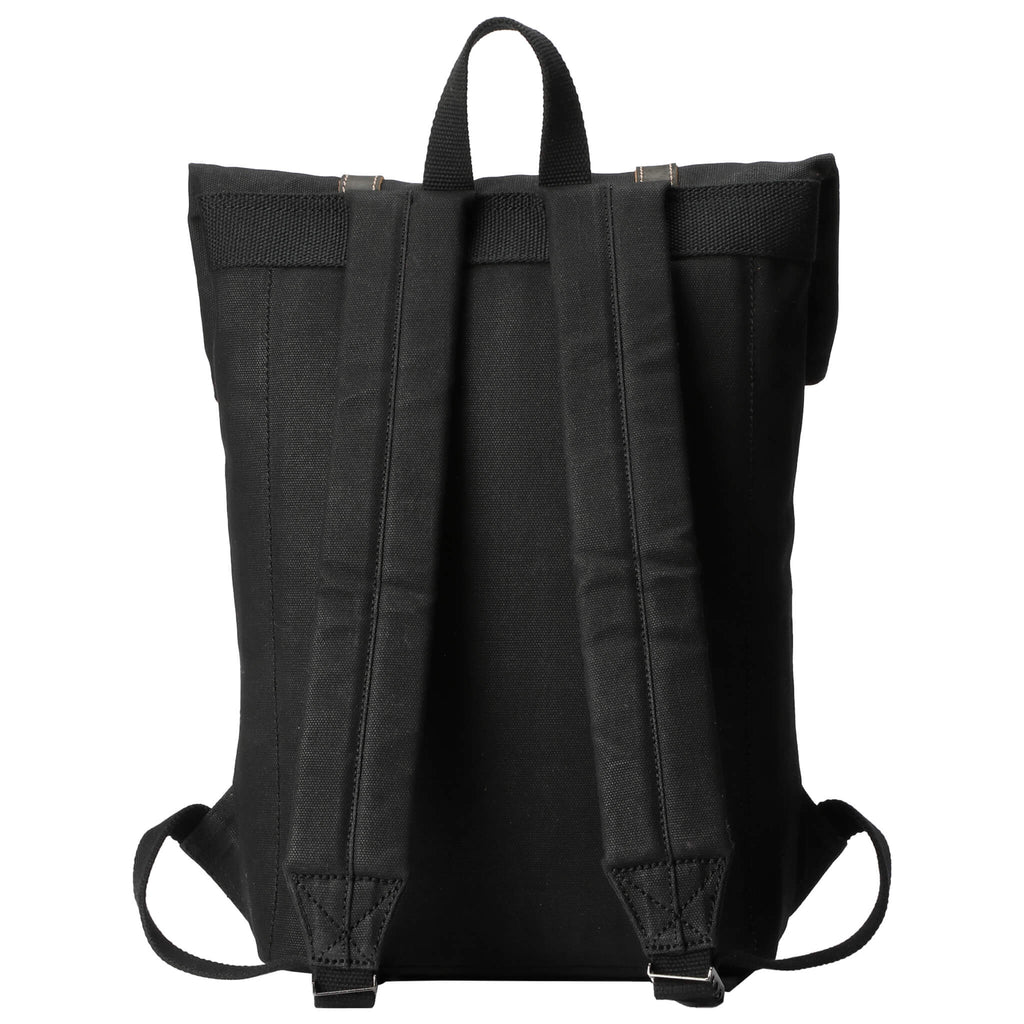 Small waxed canvas backpack in vintage style featuring fold-top closure and genuine leather trim detailing — view 4