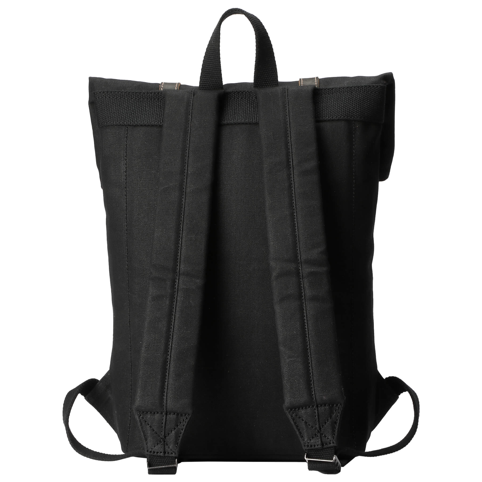 Small waxed canvas backpack in vintage style featuring fold-top closure and genuine leather trim detailing — view 4