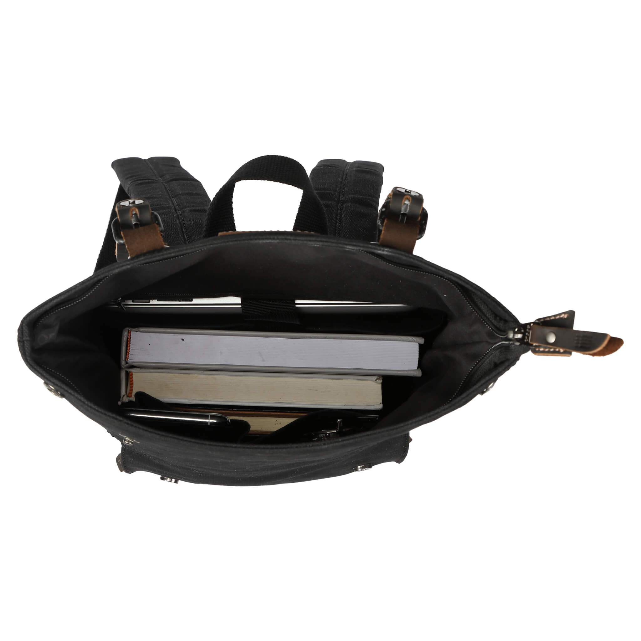Small waxed canvas backpack in vintage style featuring fold-top closure and genuine leather trim detailing — view 5