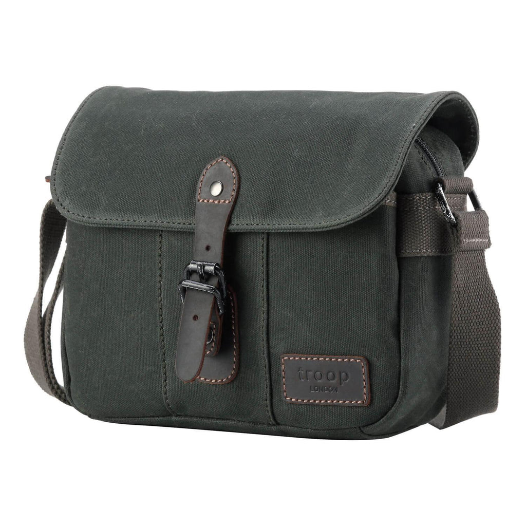 Waxed canvas crossbody bag with genuine leather trimmings, antique brass hardware, and adjustable shoulder strap — view 2