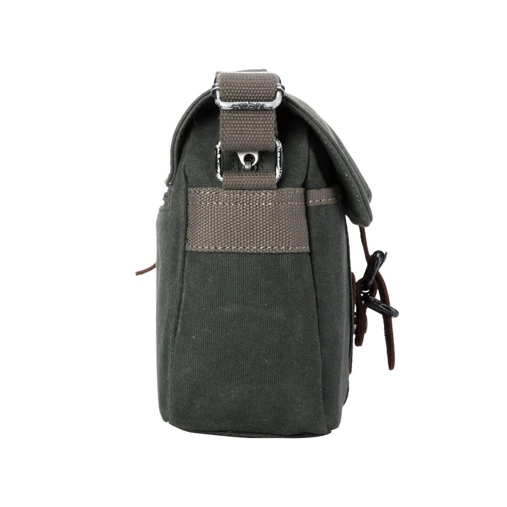 Waxed canvas crossbody bag with genuine leather trimmings, antique brass hardware, and adjustable shoulder strap — view 3