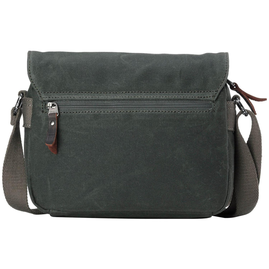 Waxed canvas crossbody bag with genuine leather trimmings, antique brass hardware, and adjustable shoulder strap — view 5