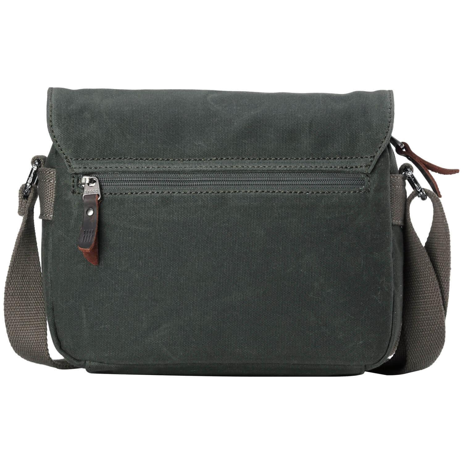 Waxed canvas crossbody bag with genuine leather trimmings, antique brass hardware, and adjustable shoulder strap — view 5
