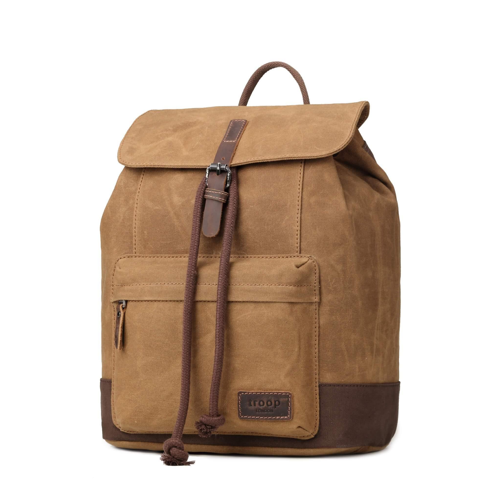 Heritage waxed canvas laptop backpack featuring genuine leather trimmings brass hardware and front zip pocket — view 2