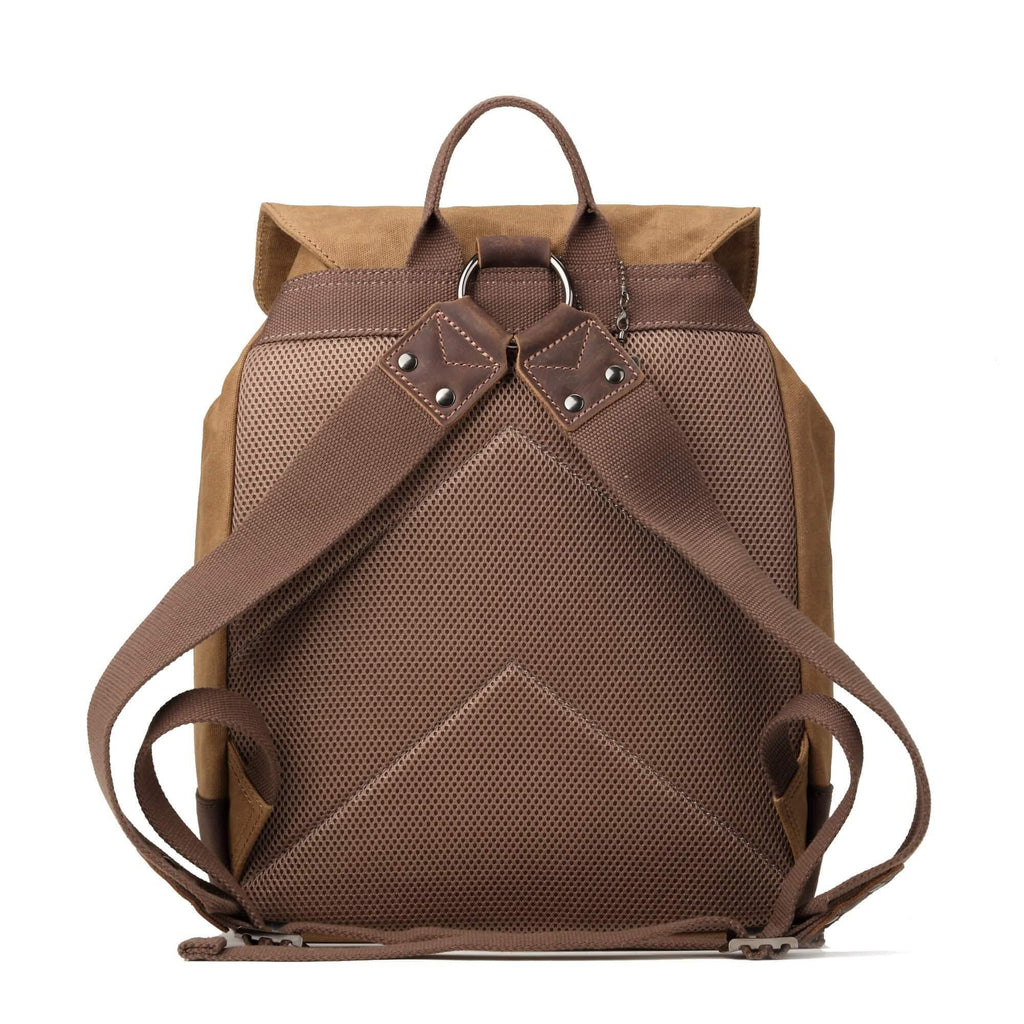 Heritage waxed canvas laptop backpack featuring genuine leather trimmings brass hardware and front zip pocket — view 3