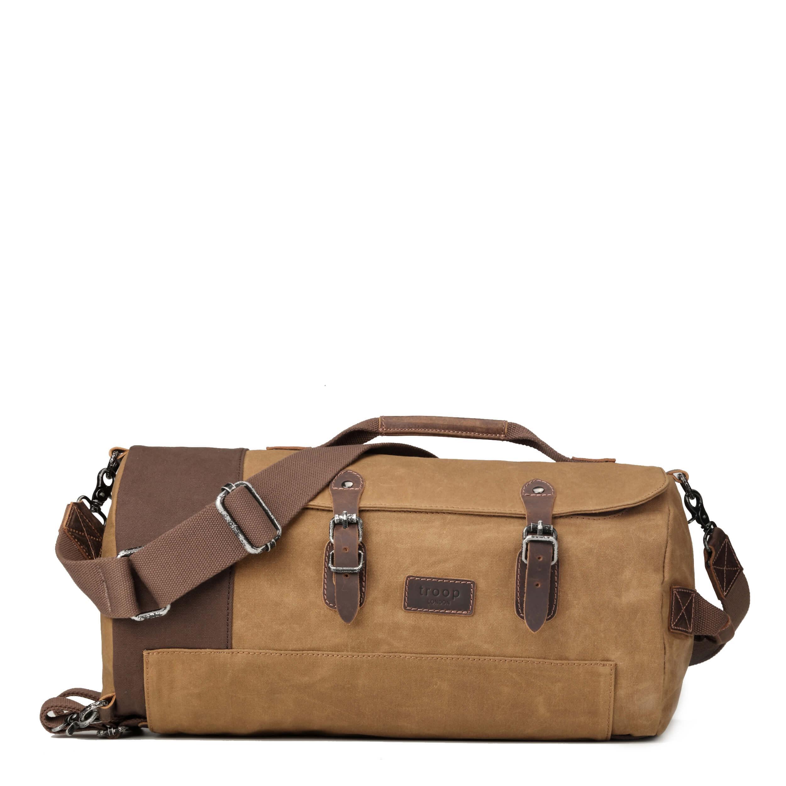 Heritage canvas duffel backpack in waxed cotton with genuine leather trimmings and antique brass hardware — view 2