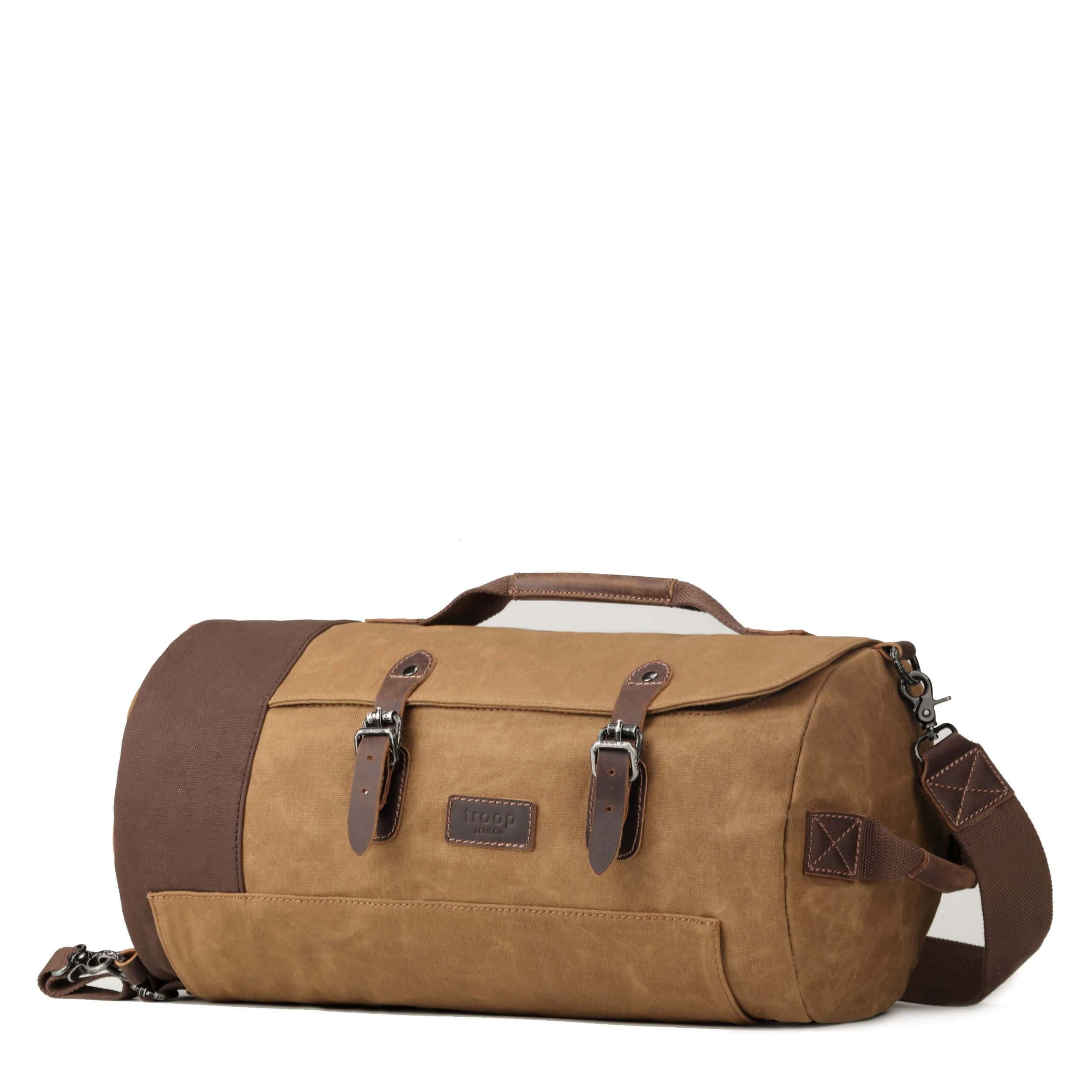 Heritage canvas duffel backpack in waxed cotton with genuine leather trimmings and antique brass hardware