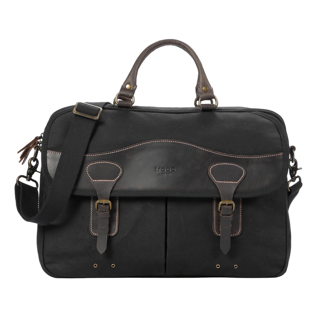 Heritage waxed cotton canvas laptop briefcase messenger bag with genuine leather trim and brass hardware