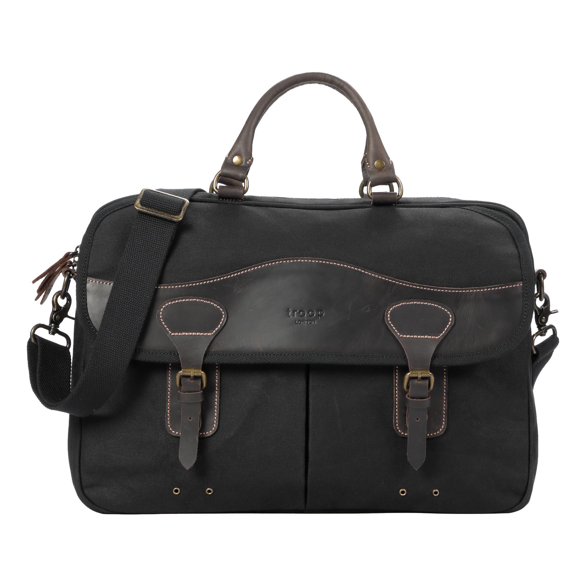 Heritage waxed cotton canvas laptop briefcase messenger bag with genuine leather trim and brass hardware