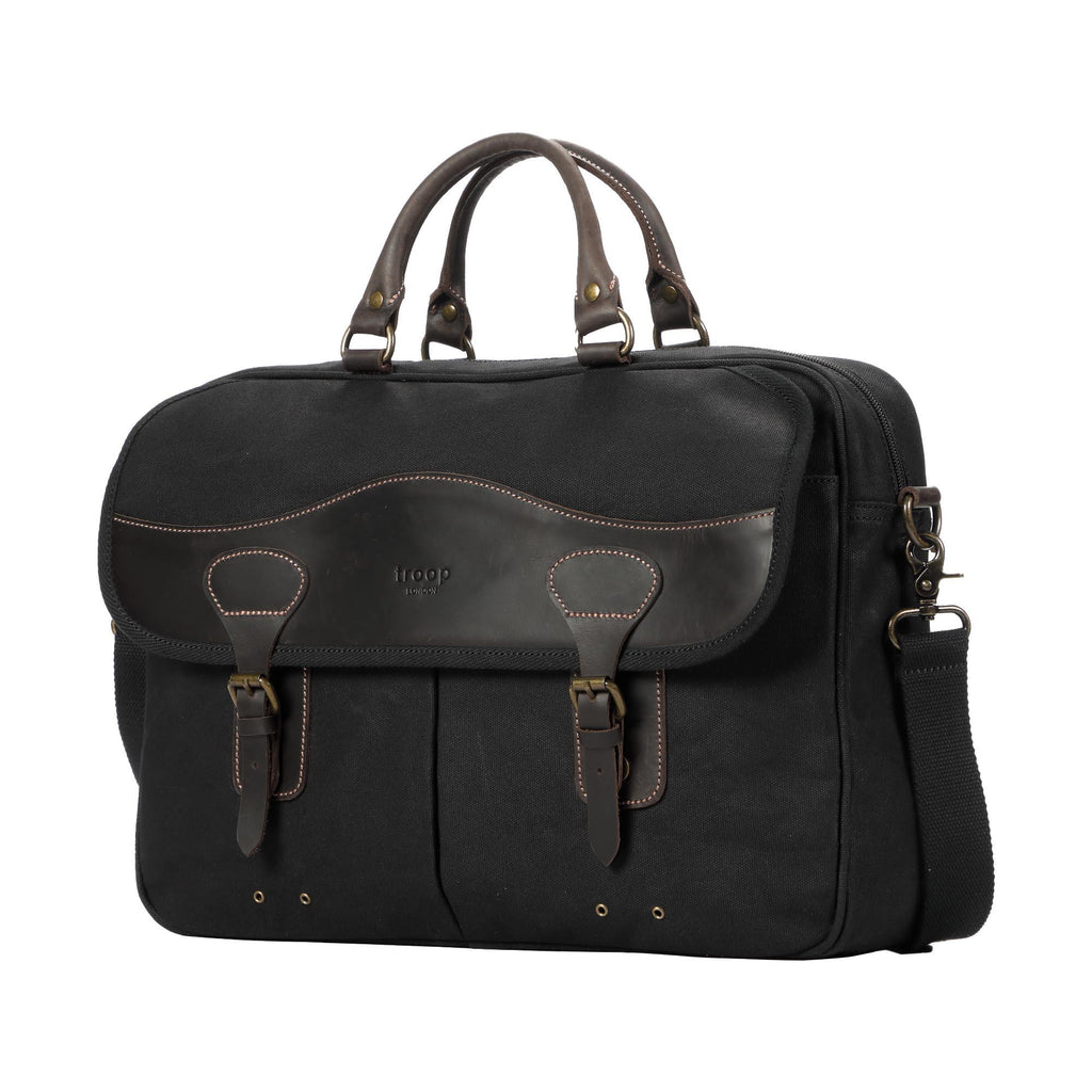 Heritage waxed cotton canvas laptop briefcase messenger bag with genuine leather trim and brass hardware — view 2