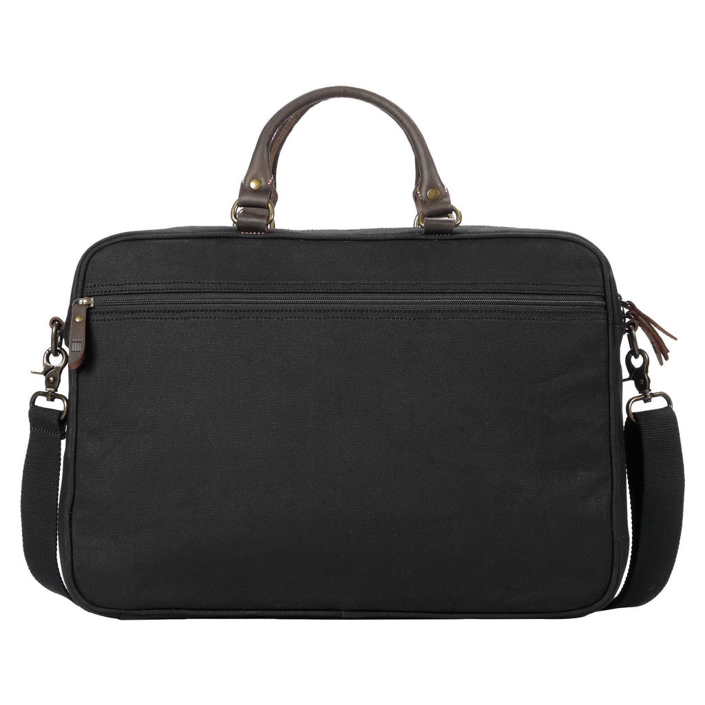Heritage waxed cotton canvas laptop briefcase messenger bag with genuine leather trim and brass hardware — view 3