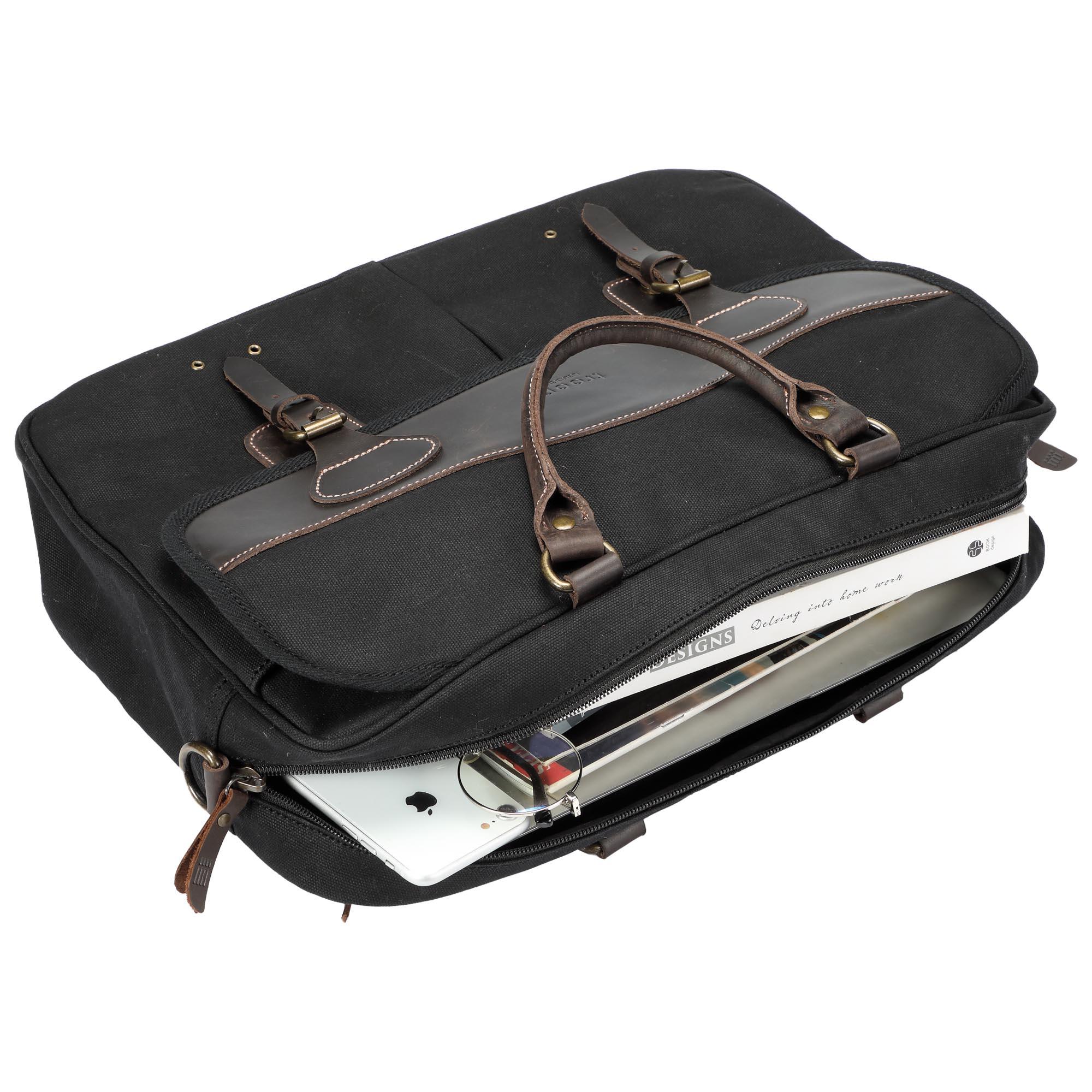 Heritage waxed cotton canvas laptop briefcase messenger bag with genuine leather trim and brass hardware — view 5