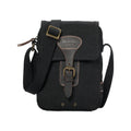 Compact waxed canvas crossbody bag with genuine leather trim and adjustable shoulder strap