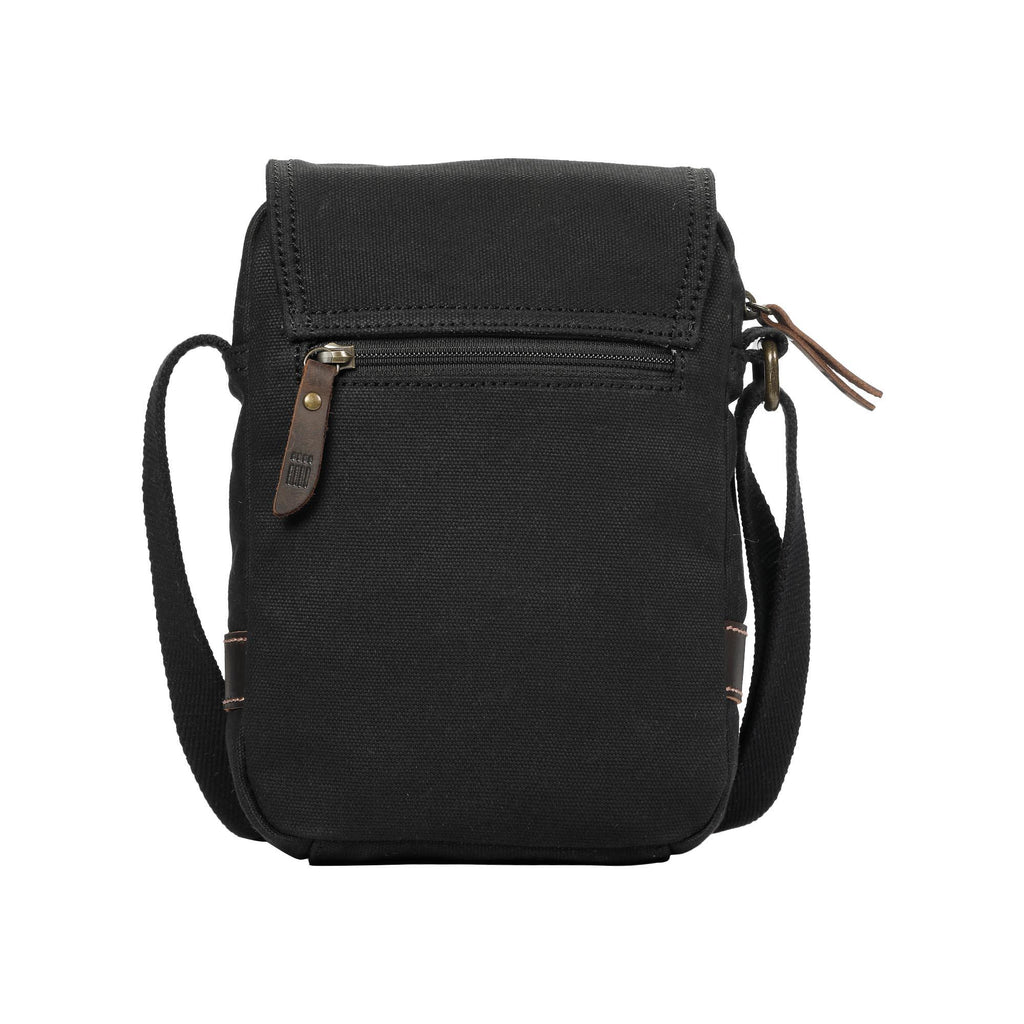 Compact waxed canvas crossbody bag with genuine leather trim and adjustable shoulder strap — view 3