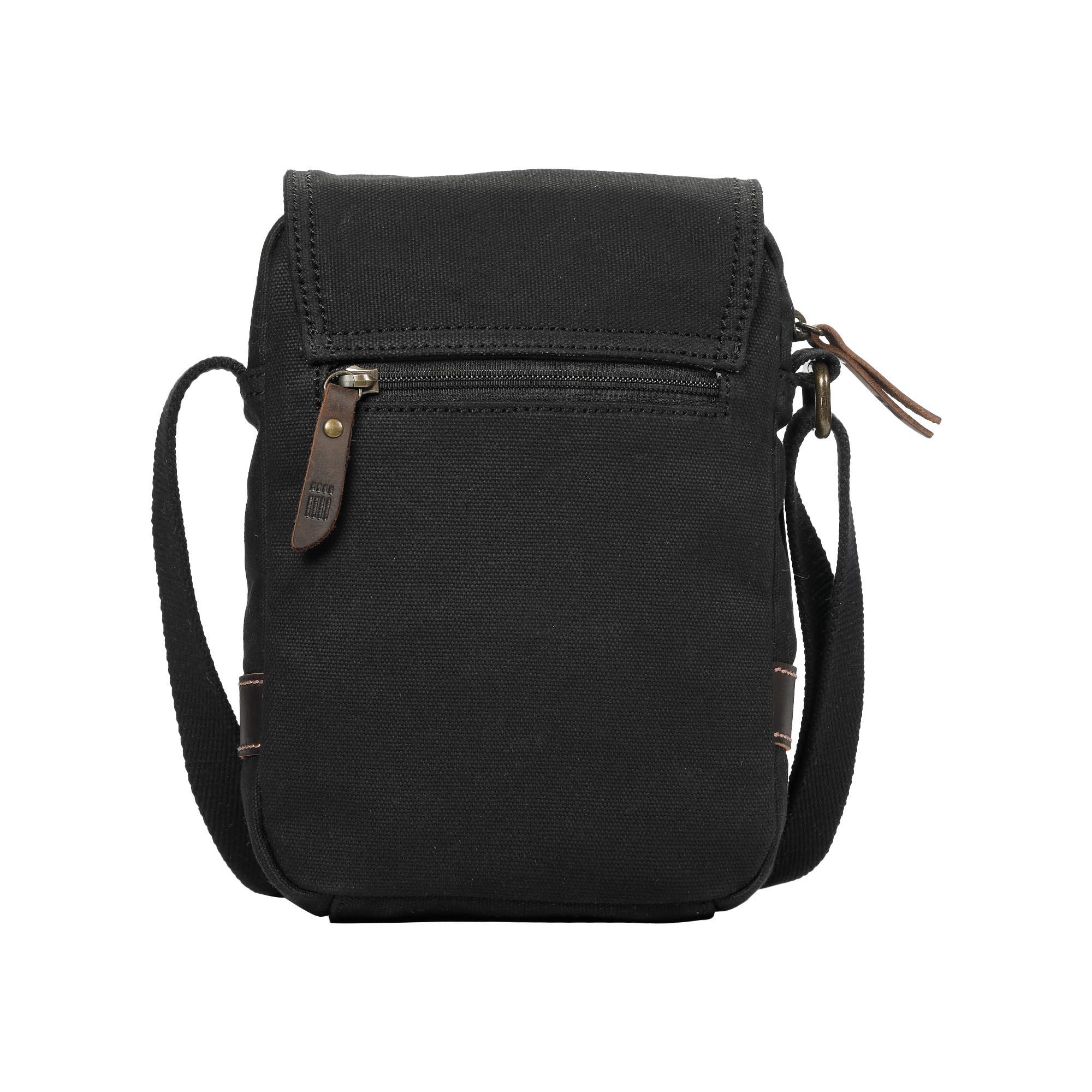 Compact waxed canvas crossbody bag with genuine leather trim and adjustable shoulder strap — view 3