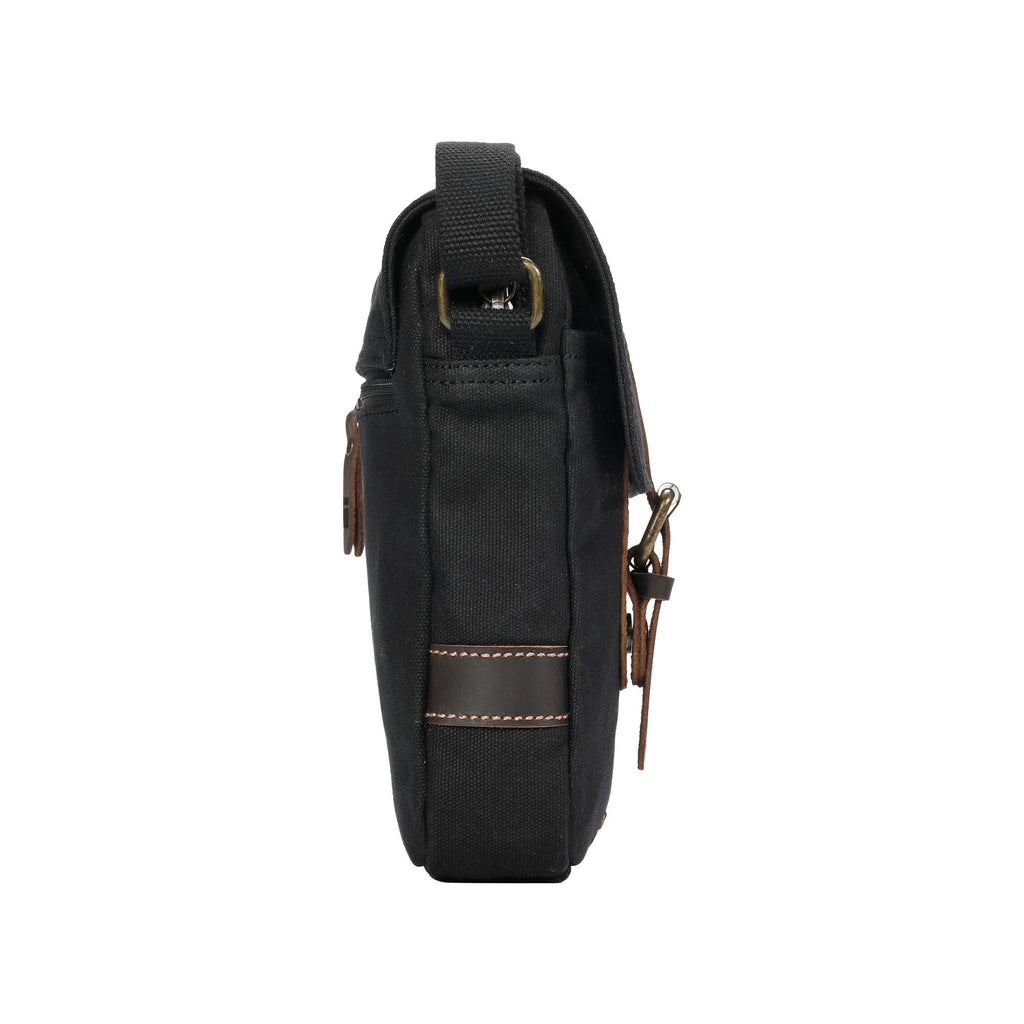 Compact waxed canvas crossbody bag with genuine leather trim and adjustable shoulder strap — view 4