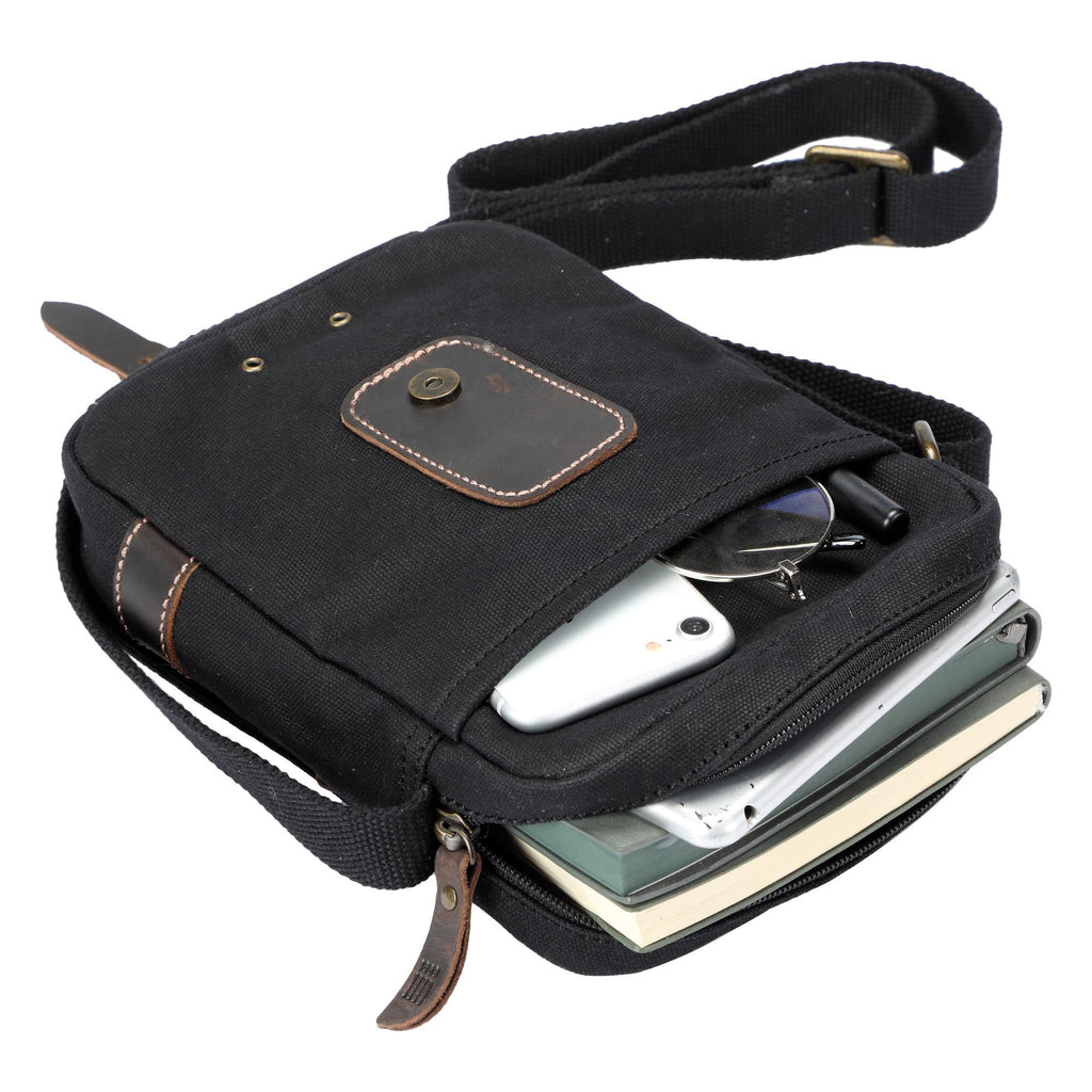Compact waxed canvas crossbody bag with genuine leather trim and adjustable shoulder strap — view 5