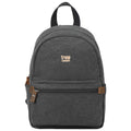 Small stonewashed canvas backpack with leather zip pulls and padded shoulder straps.