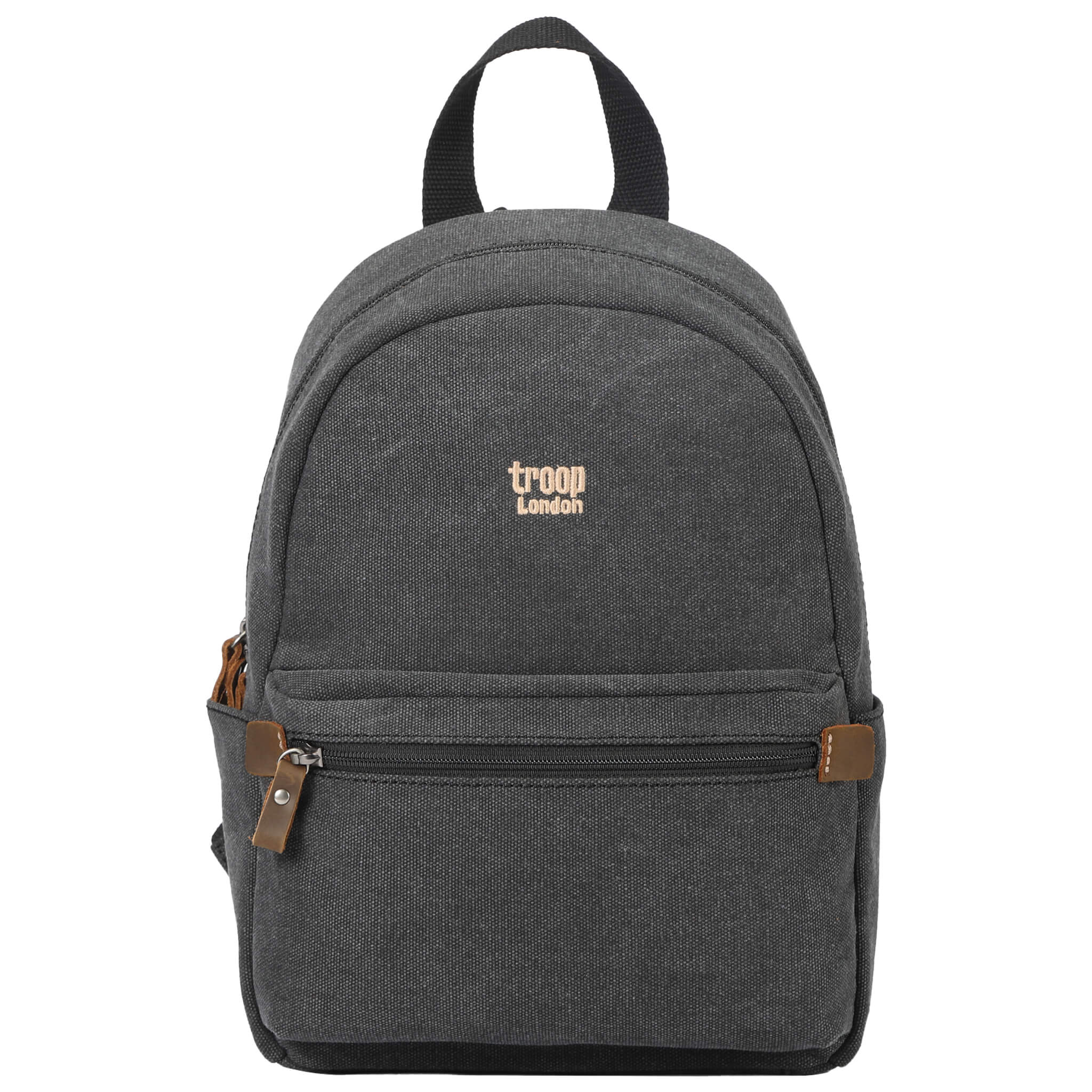 Small stonewashed canvas backpack with leather zip pulls and padded shoulder straps.