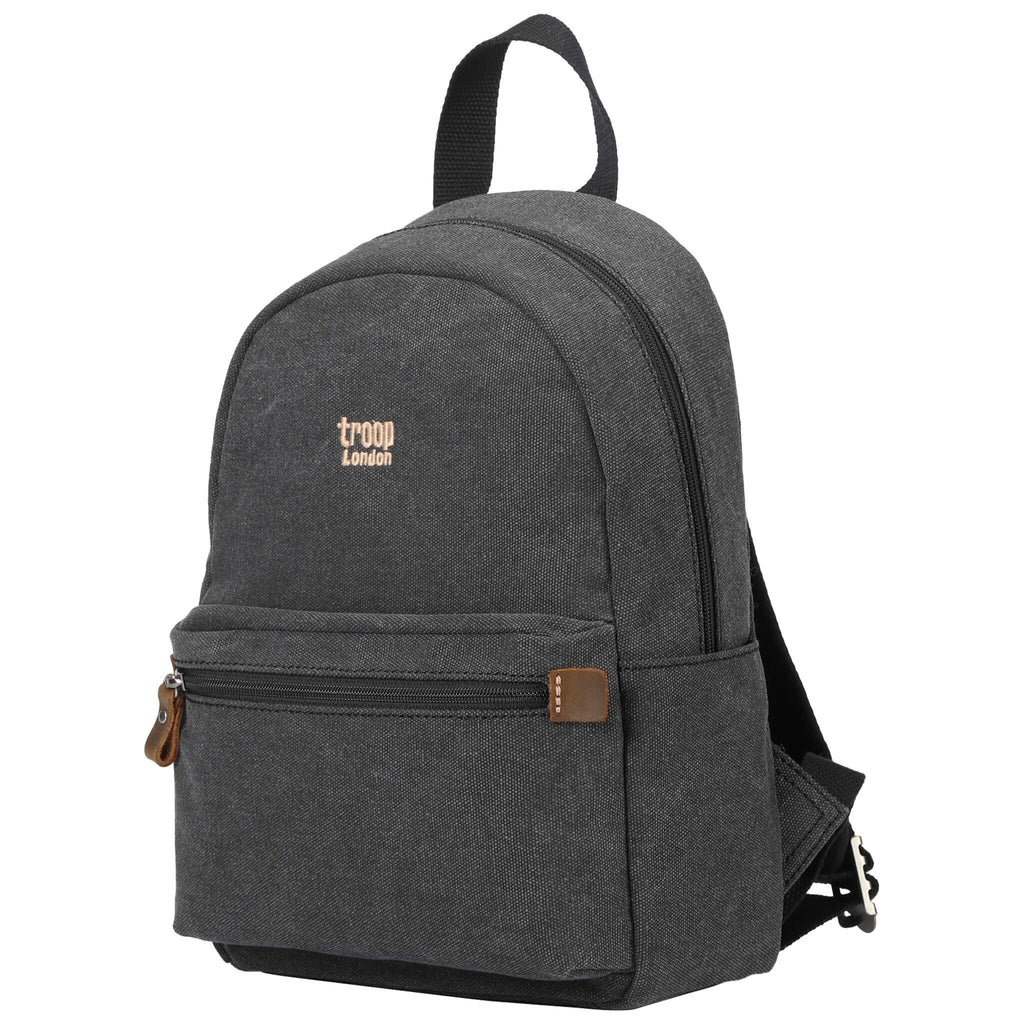 Small stonewashed canvas backpack with leather zip pulls and padded shoulder straps. — view 2
