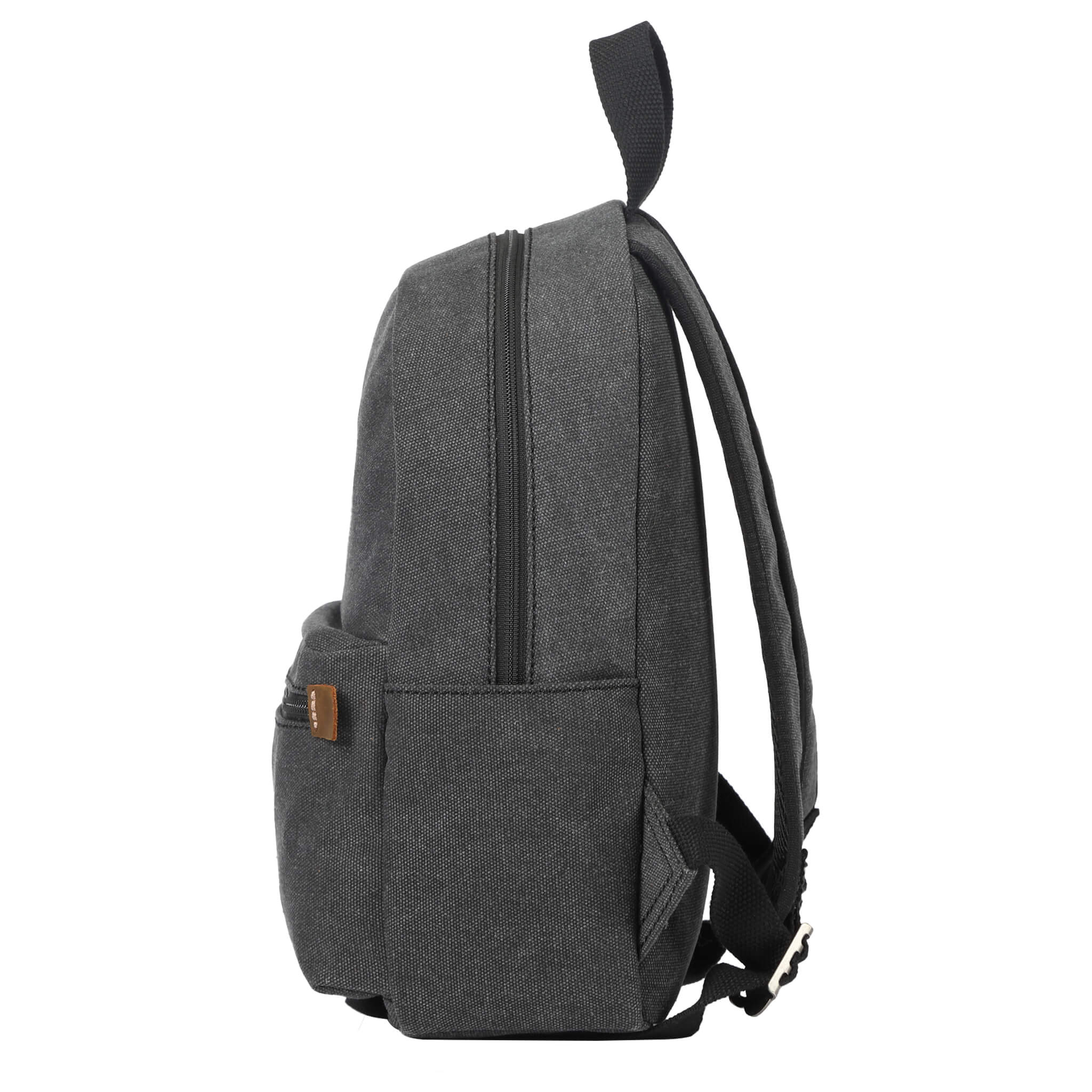 Small stonewashed canvas backpack with leather zip pulls and padded shoulder straps. — view 3