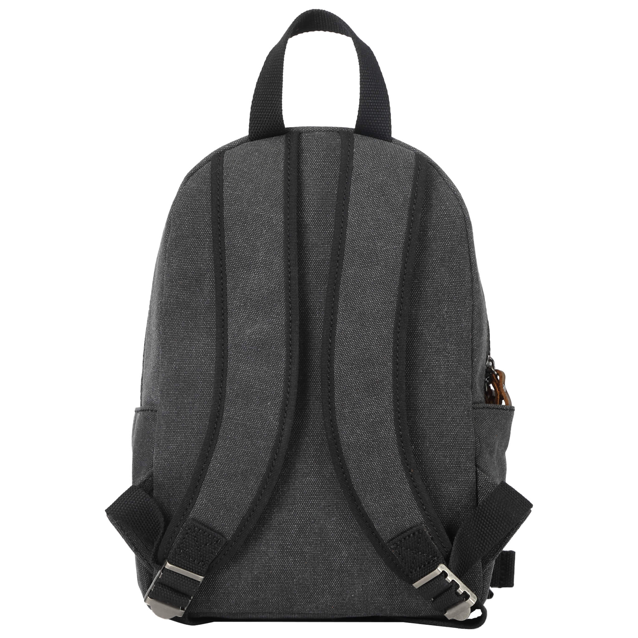 Small stonewashed canvas backpack with leather zip pulls and padded shoulder straps. — view 4