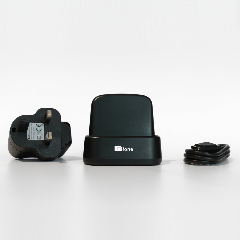 Matte black desktop charging dock and cradle for mobile phones with power adapter and cable — view 2