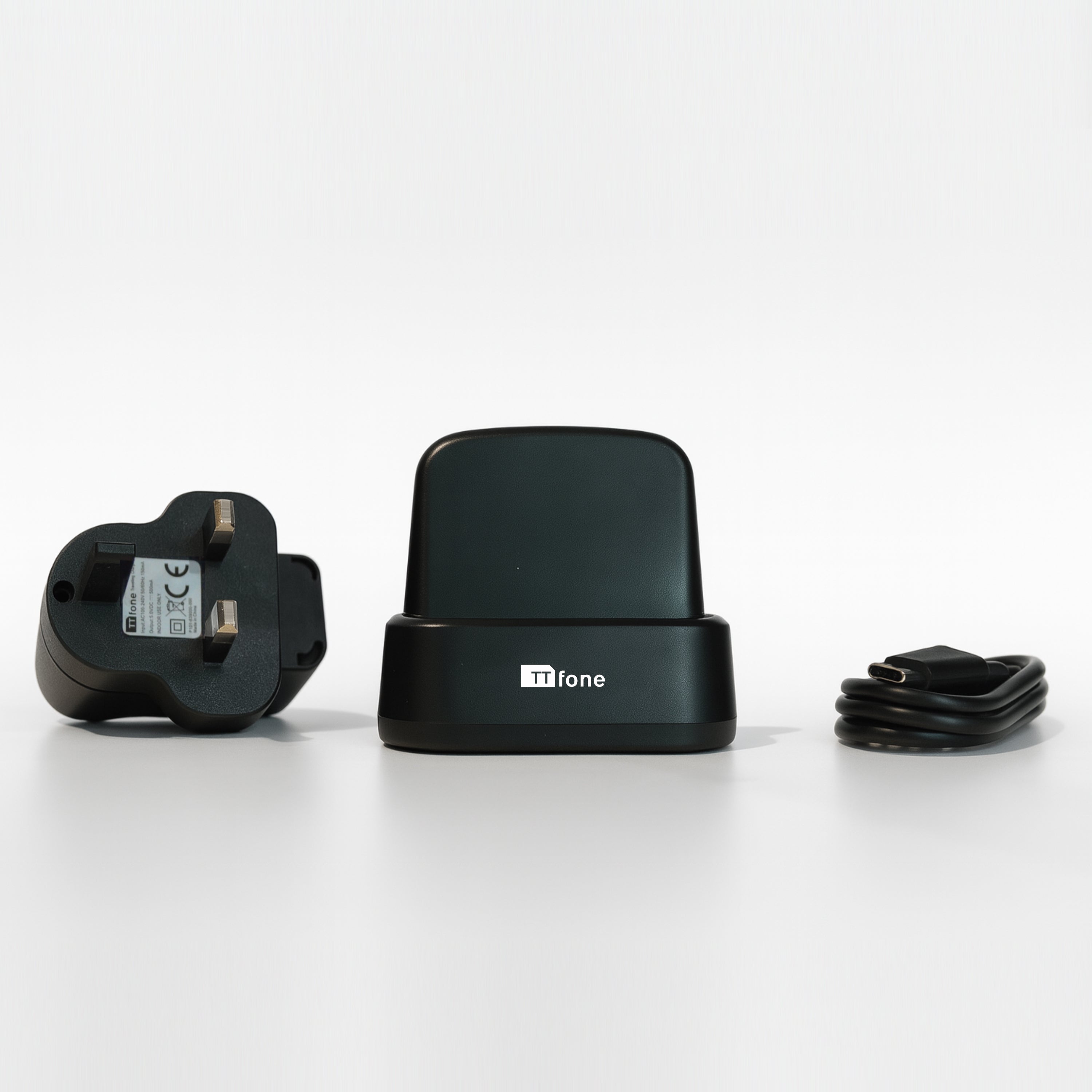 Matte black desktop charging dock and cradle for mobile phones with power adapter and cable — view 2