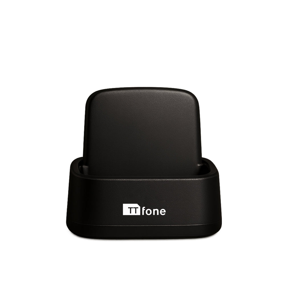Matte black desktop charging dock and cradle for mobile phones with power adapter and cable