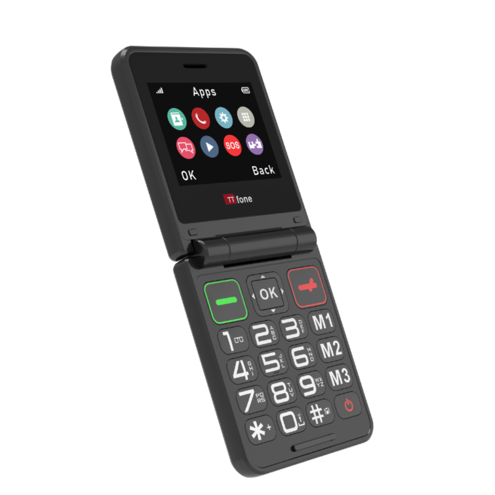 TTfone TT660 black flip mobile phone with large tactile buttons open showing color screen