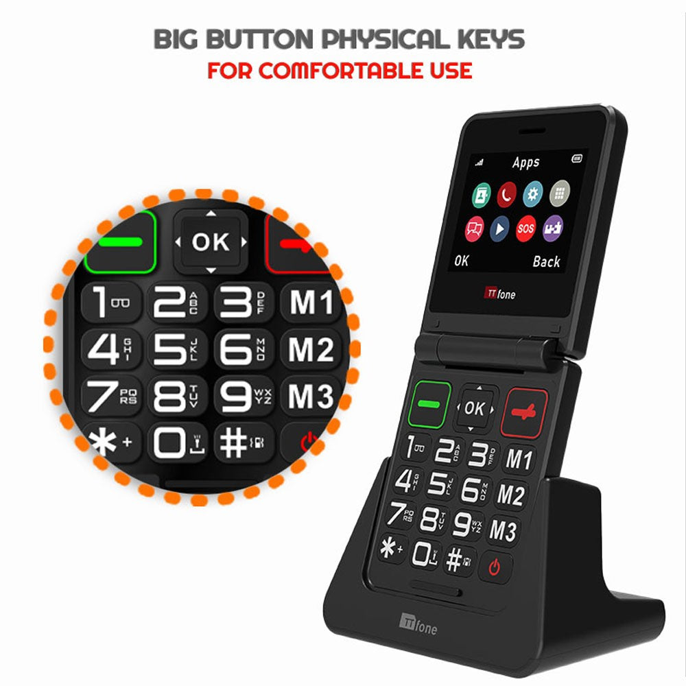 TTfone TT660 flip mobile phone in black featuring large keypad, color display, and USB-C cable — view 2