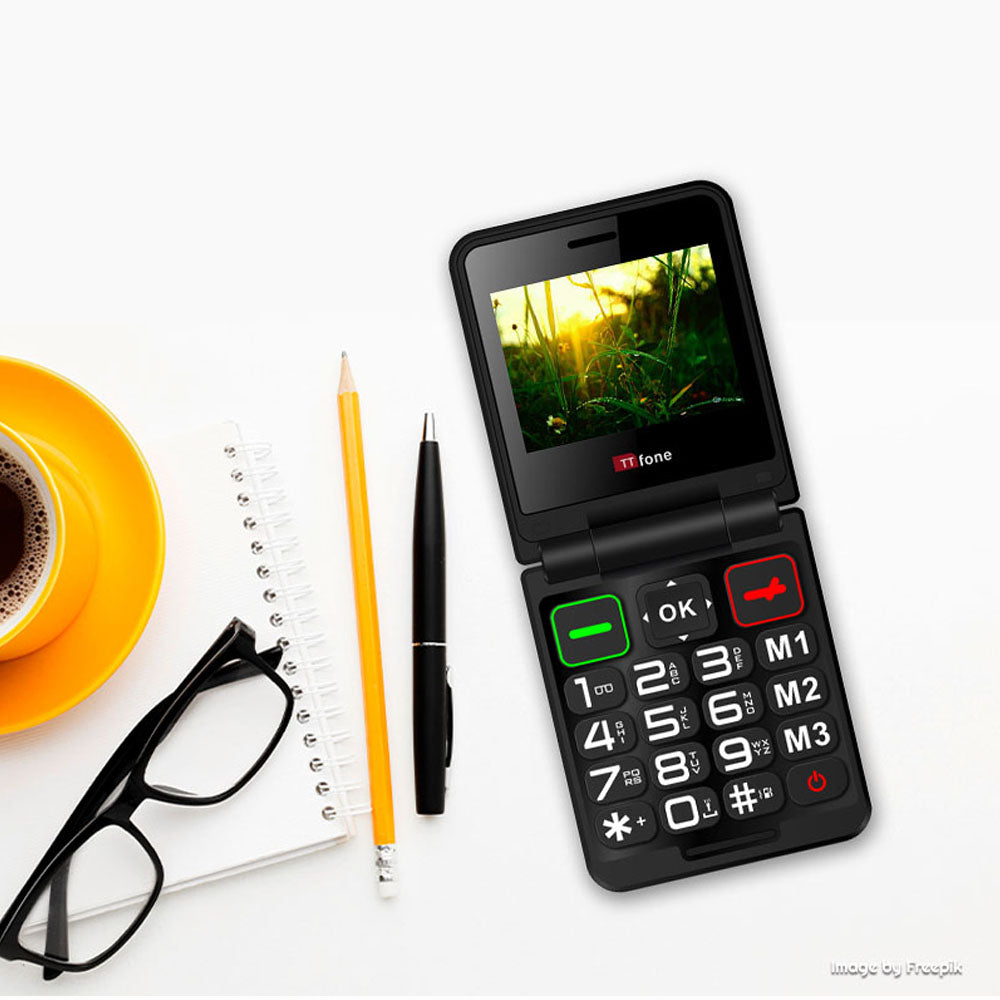 TTfone TT660 flip mobile phone in black featuring large keypad, color display, and USB-C cable — view 5