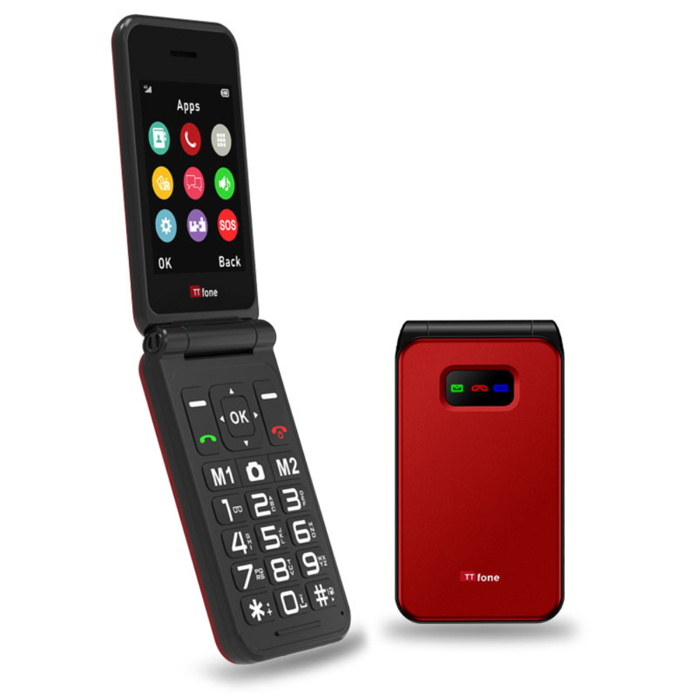 Red 4G flip mobile phone with large keypad buttons, clamshell design, and USB-C charging cable — view 2