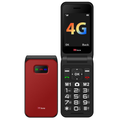 Red 4G flip mobile phone with large keypad buttons, clamshell design, and USB-C charging cable