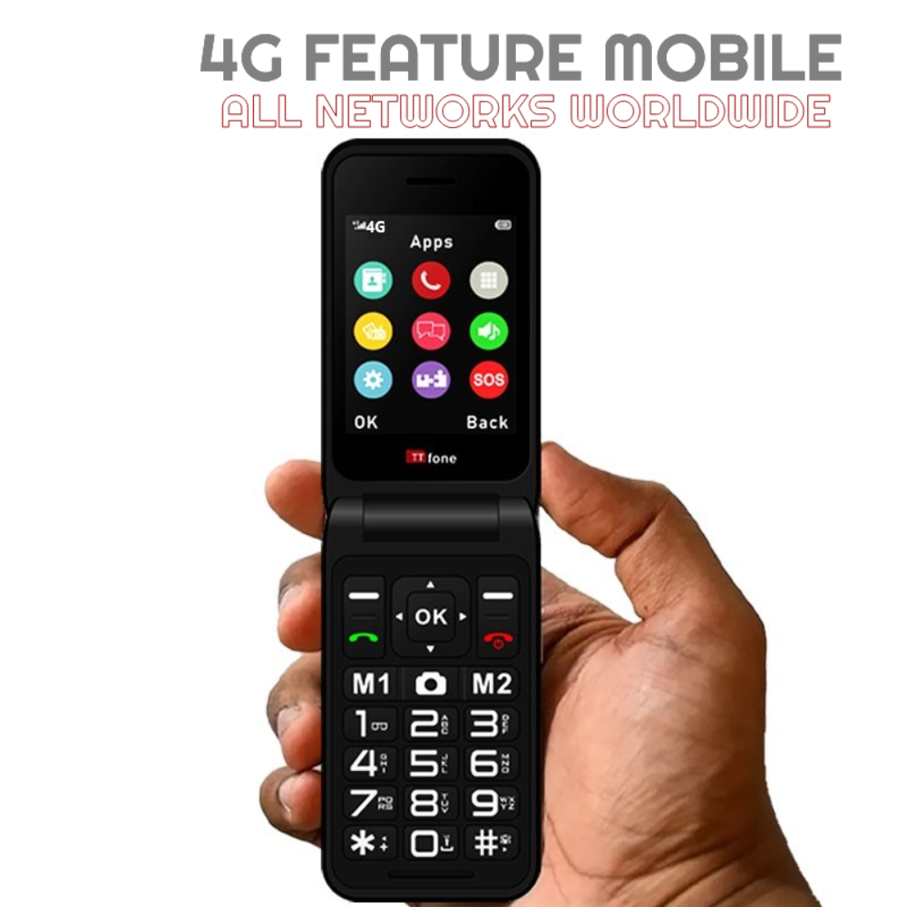 Red 4G flip mobile phone with large buttons and bright display alongside USB-C charging cable — view 3