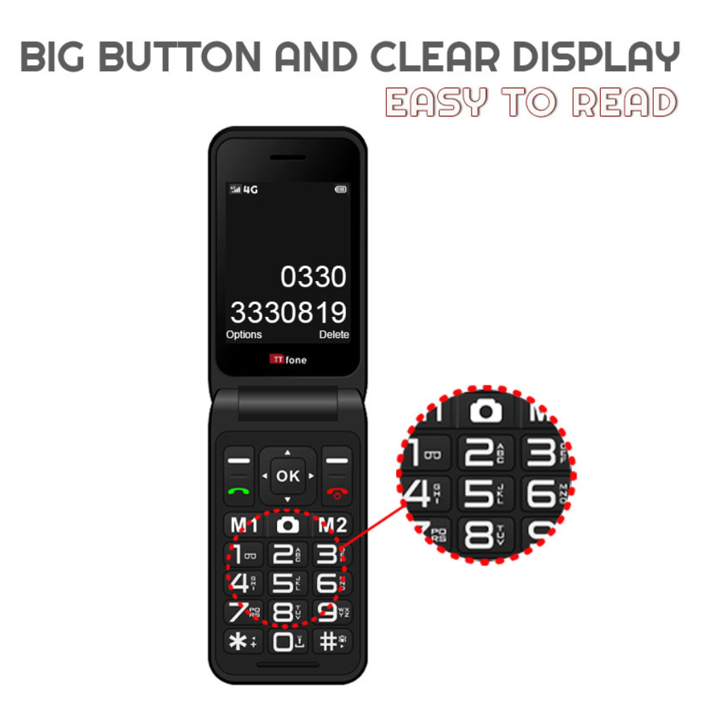 Red TTfone 4G flip mobile phone with large keypad buttons and bright display screen — view 4