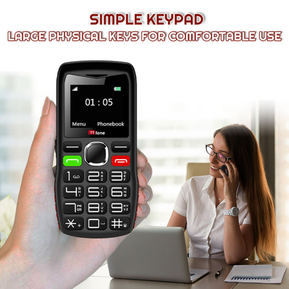 TTfone TT880 easy-to-use big button mobile phone in black with USB C cable and SIM — view 2