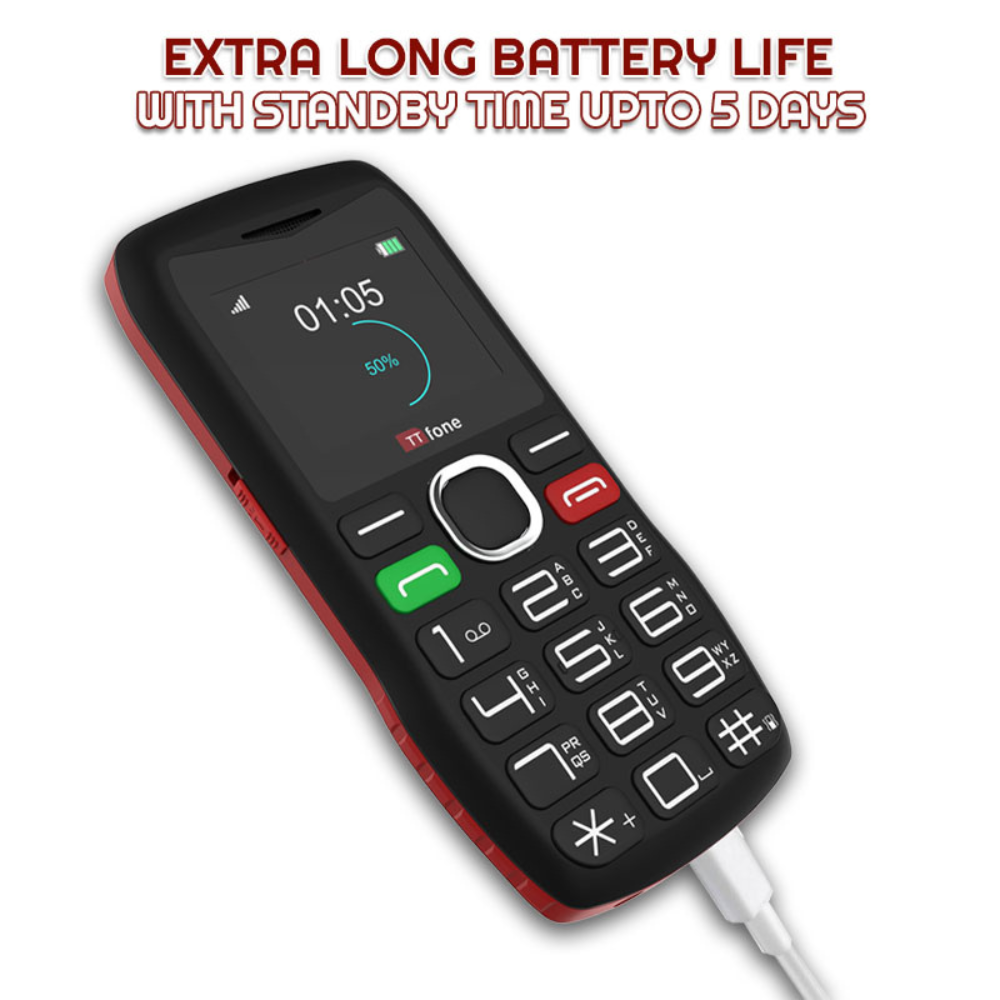 TTfone TT880 easy-to-use big button mobile phone in black with USB C cable and SIM — view 4