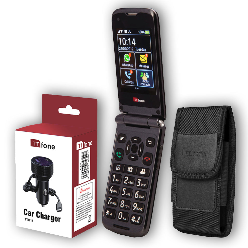 TTfone Titan TT950 black flip phone bundle with black nylon belt holster and car charger