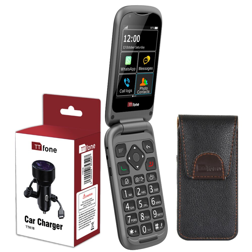 4G big button flip phone bundle with black nylon holster case and plug-in car charger.