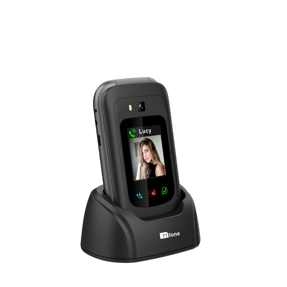 TTfone 4G big button senior mobile flip phone with black nylon holster case and car charger — view 2