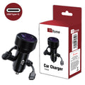 Black 12V in-car charger with attached Type-C cable for charging mobile phones