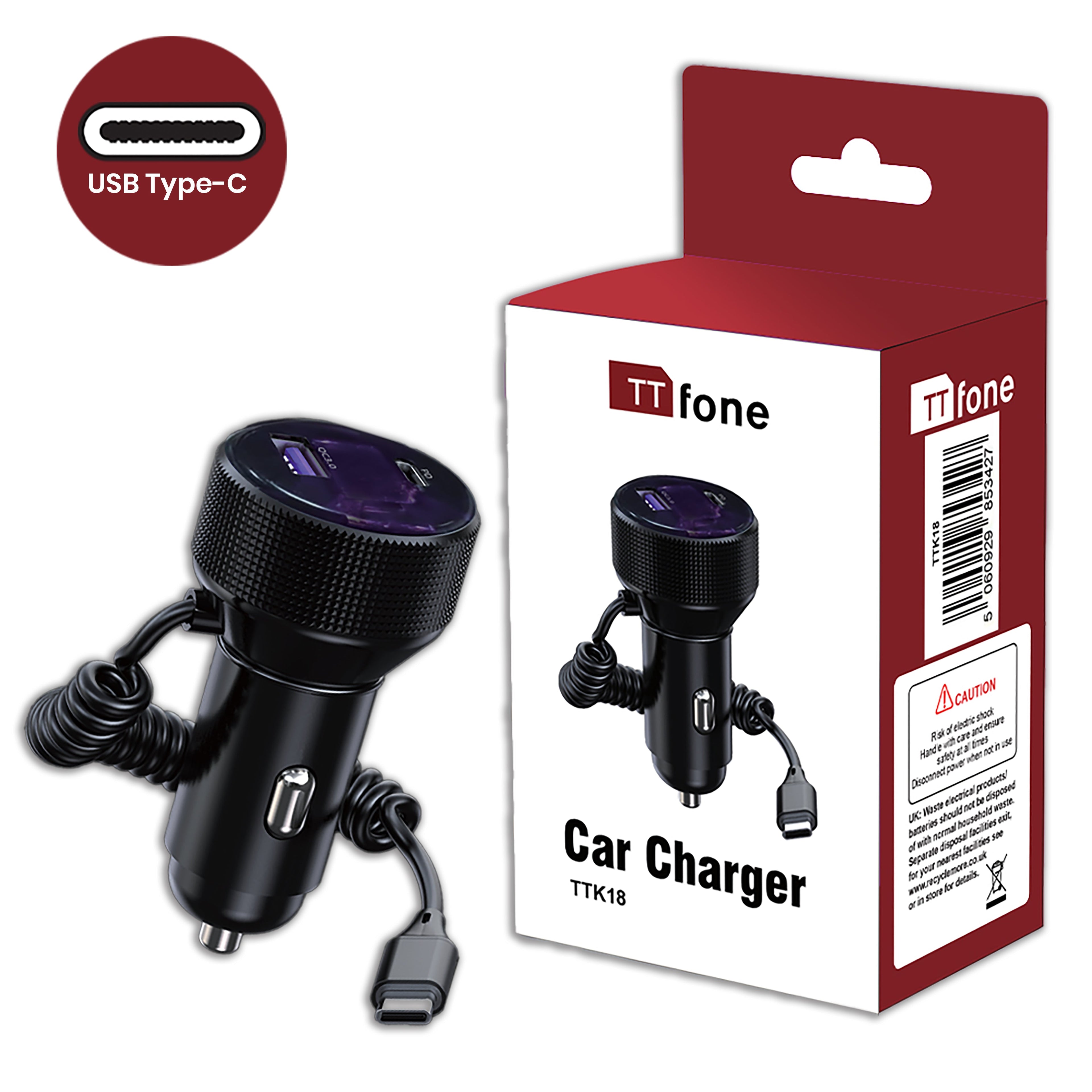 Black 12V in-car charger with attached Type-C cable for charging mobile phones